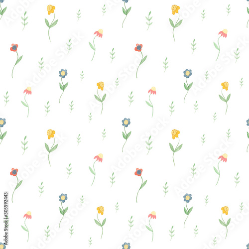 Watercolor vintage summer wild flowers seamless pattern on white background. Wildflowers summer illustration for kid’s textile, design. Perfect for covers, fabric. 