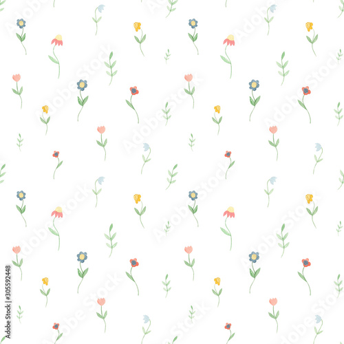Watercolor vintage summer wild flowers seamless pattern on white background. Wildflowers summer illustration for kid’s textile, design. Perfect for covers, fabric.  © Tanya Trink