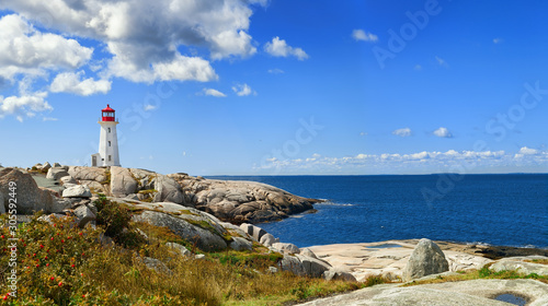 Panorama of harbor with Nova Scotia's iconic Peggys Cove Lighthouse on a sunny day photo