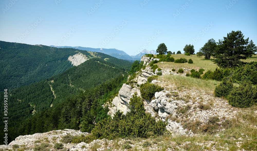 Clifftop view from the footpath on the Col du Royet in the Drome region of France