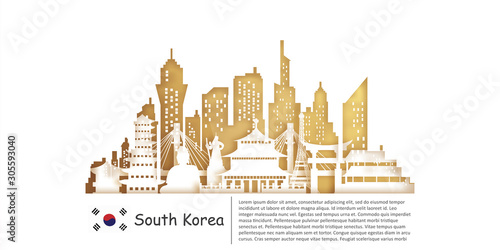 South Korea with Gold Travel postcard, poster, tour advertising of world famous landmarks in paper cut style.
