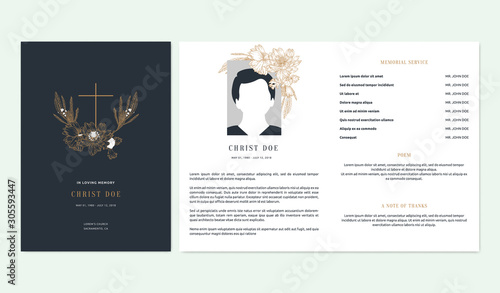 Floral memorial and funeral invitation card template design, anemone and leaves, dark blue and brown tones