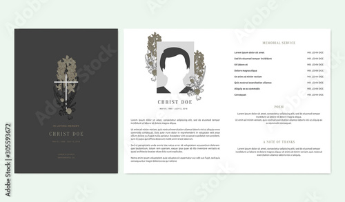 Floral memorial and funeral invitation card template design, hyacinth flowers and leaves, dark grey and brown tones