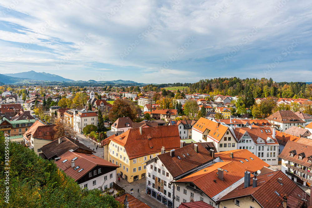 Obraz premium Fussen Germany - The High Castle is located on the top of the hill nearby Fussen old town. We can see whole of Fussen and River Lech from the Castle.