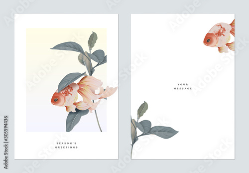 Season greetings card template design, goldfish with plant on white