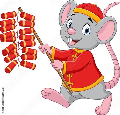 Cartoon rat in chinese traditional costume holding firecracker. Chinese New Year. Year of the rat.