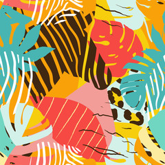 Keuken achterwand Kleurrijk patronen Tropische bladeren en dierenprint collage  © taisiyakozorez