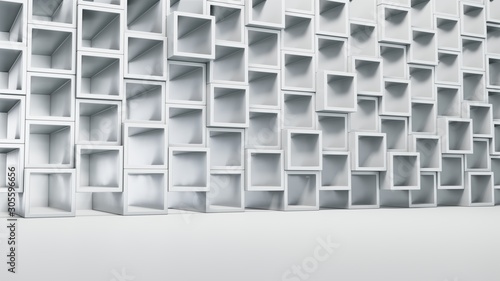 Empty white interior with cube shelves on the wall