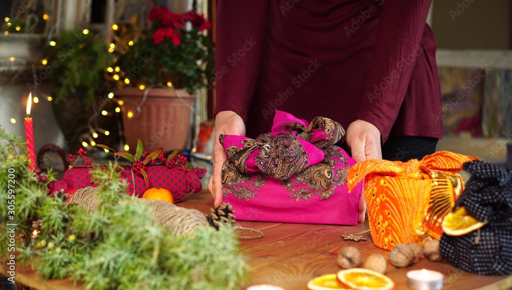 Ethical Christmas Gifts. Reusable fabric wrapping. Zero waste holiday season