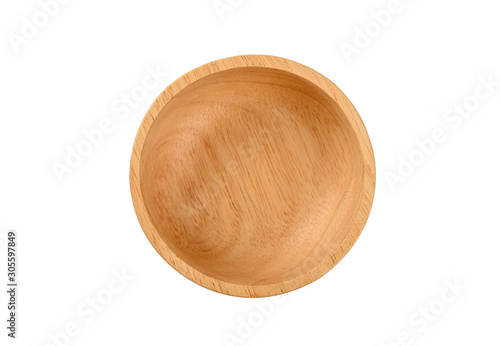 Empty wooden bowl on white background.