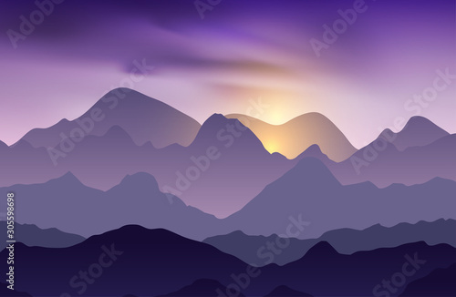 Fototapeta Naklejka Na Ścianę i Meble -  Nature evening landscape with mountain peaks. Mountains traveling vacation vector background. Concept outdoor design