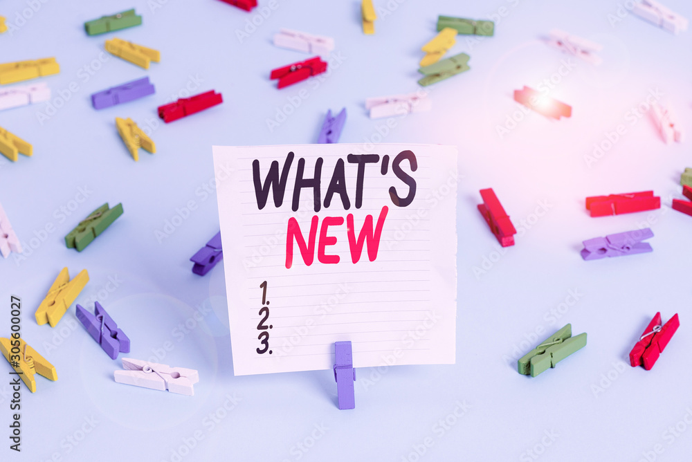 Word writing text What S Is New. Business photo showcasing Asking about latest Updates Trends and Happening News Colored clothespin papers empty reminder blue floor background office pin Word writing text What S Is New. Business photo showcasing Asking about latest Updates Trends and Happening News Colored clothespin papers empty reminder blue floor background office pin
