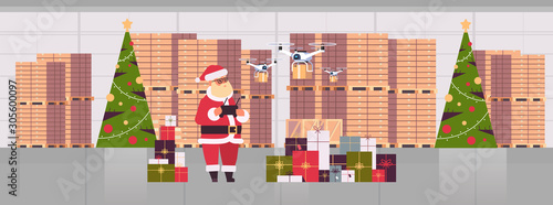 santa claus holding remove controller drone with gift present boxes flying in modern warehouse interior christmas holidays celebration concept full length horizontal vector illustration