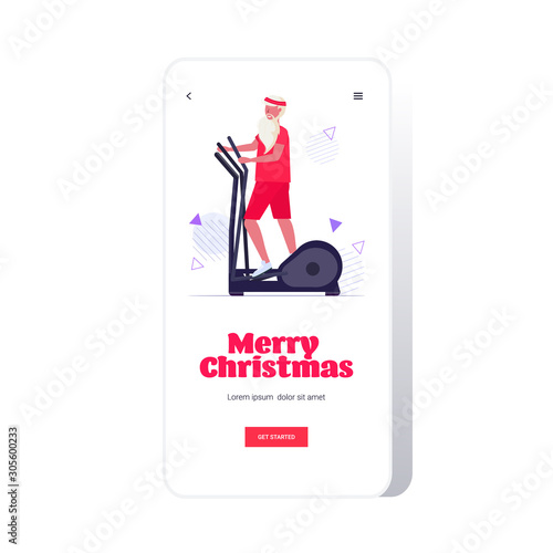 santa claus doing exercises on stepper treadmill bearded man training cardio workout concept christmas new year holidays celebration smartphone screen online mobile app full length vector illustration