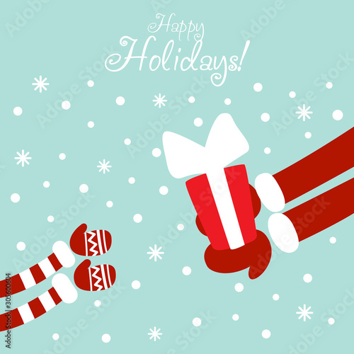 Funny Santa Claus giving present to a child. Cute Christmas vector illustration 