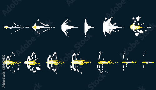 Pixel art fireball. Game icons set. Comic boom flame effects for emotion.