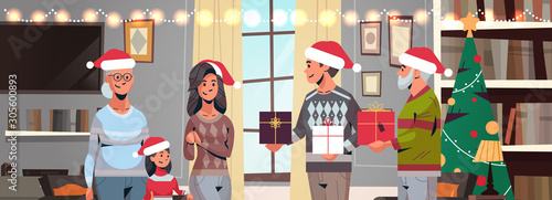 multi generation family in santa hats holding gift present boxes celebrating merry christmas happy new year winter holidays concept modern living room interior horizontal portrait vector illustration