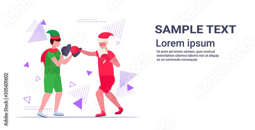 santa claus boxer practicing boxing exercises with elf helper workout healthy lifestyle christmas holidays celebration concept full length horizontal copy space vector illustration