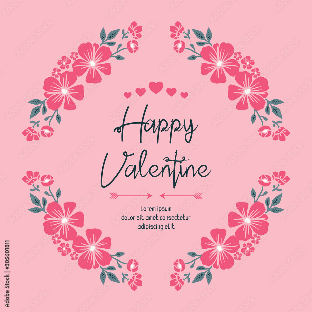 Greeting card valentine day, with elegant pink wreath frame design. Vector