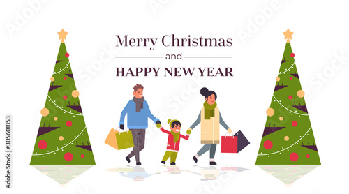 family walking with colorful paper bags merry christmas happy new year winter shopping concept parents with child holding purchases greeting card horizontal full length vector illustration