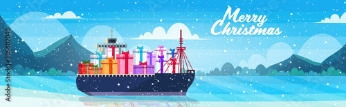 container cargo ship with gift present boxes logistic sea ocean transportation concept christmas new year winter holidays celebration greeting card horizontal vector illustration