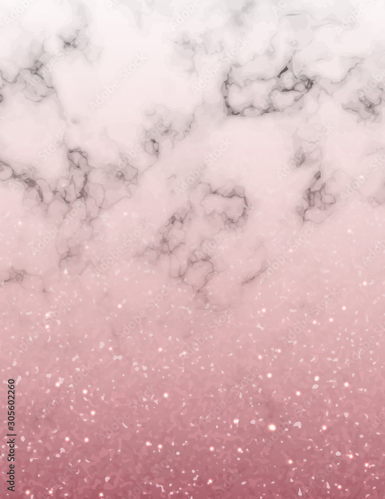 Marble background with rose gold blurred glitter border.