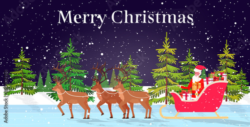 santa claus riding in sledge with reindeers merry christmas happy new year winter holidays celebration concept snowy forest landscape background greeting card horizontal full length vector
