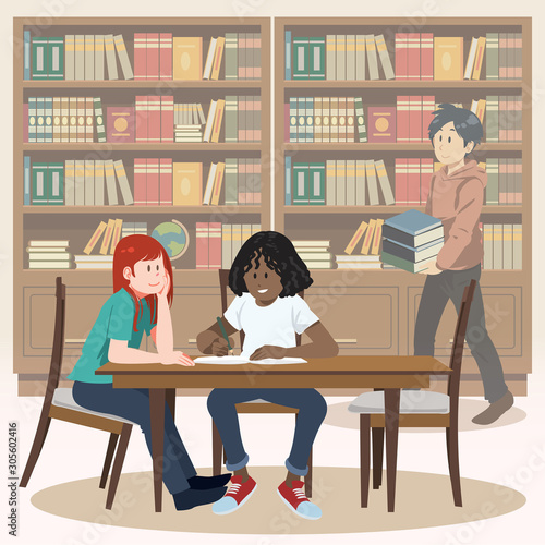 Student studying in library interior with books and bookshelves vector illustration