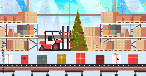 gift present boxes factory on conveyor belt production process modern warehouse interior christmas holidays celebration concept horizontal vector illustration
