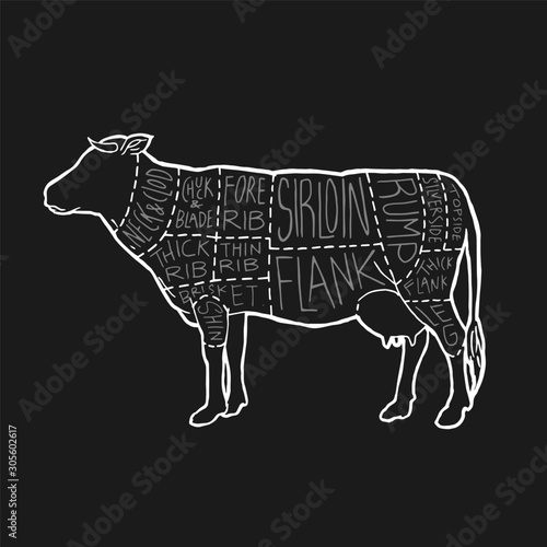 UK Meat cuts diagram poster design. Beef scheme for butcher shop vector illustration. Cow animal silhouette vintage retro hand drawn chalk style graphic.