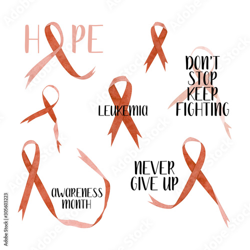 Watercolor orange awareness ribbons. Leukemia ribbon, isolated on white background. 