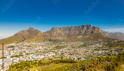 Wide angle view of Table Mountain from Signal Hill in Cape Town