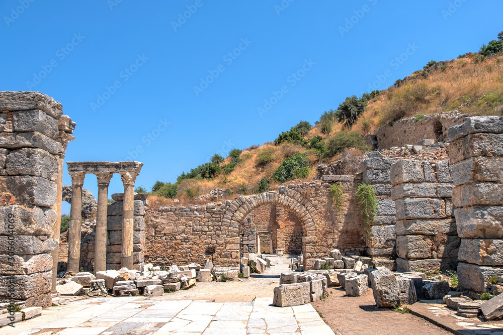 Ephesus, Ruined building against blue sky in the ancient city of Ephesus, a UNESCO World Heritage site in Izmir, Turkey