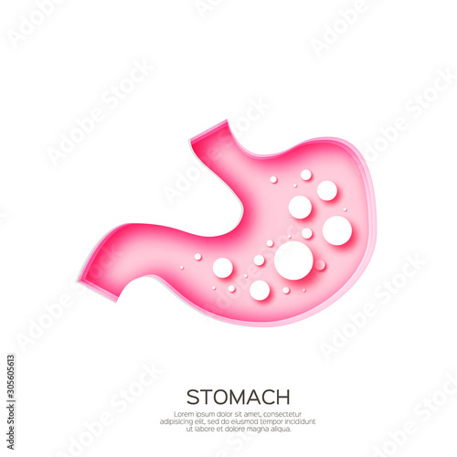 Stomach acid reflux, gastric acid in paper cut style. Water fluid. Indigestion and stomach pain problems. Human organ symbol.