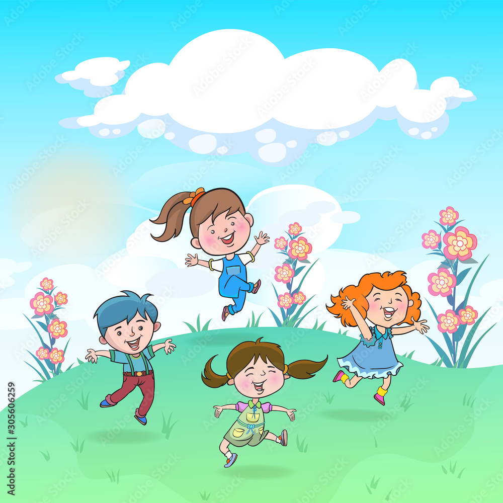 Children run and play happily in the flower garden. Shady atmosphere, soft sunlight.hand drawn style vector design illustrations.