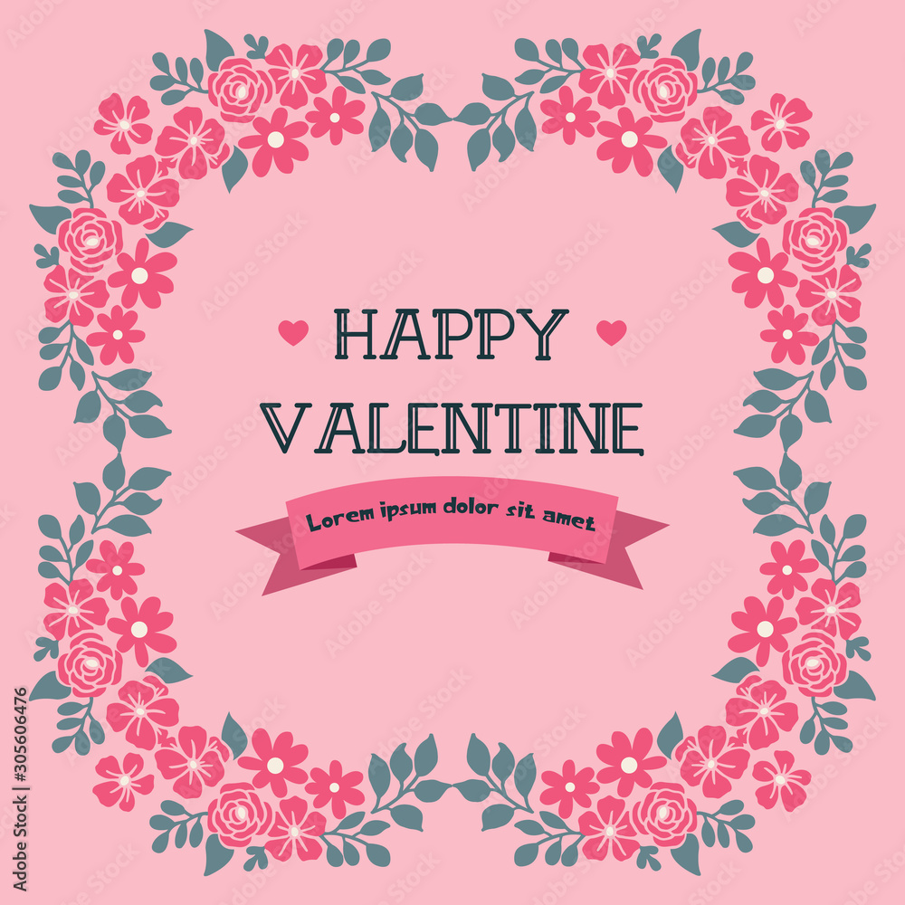 Cute greeting card happy valentine day, with texture plant of leaf flower frame. Vector