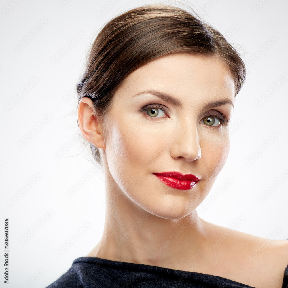Face portrait of beautiful woman in black dress. Face portrait of beautiful woman in black dress.