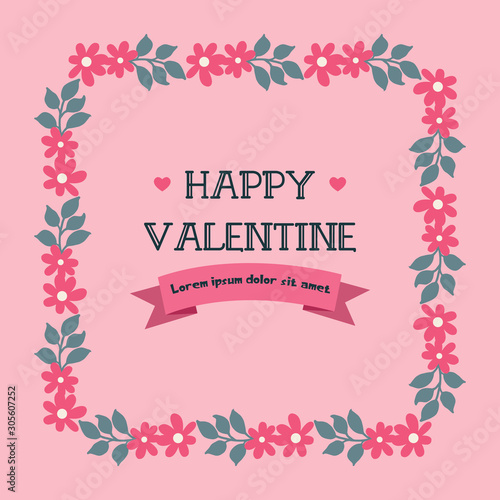 Card lettering happy valentine day, with various shape pattern of leaf flower frame. Vector