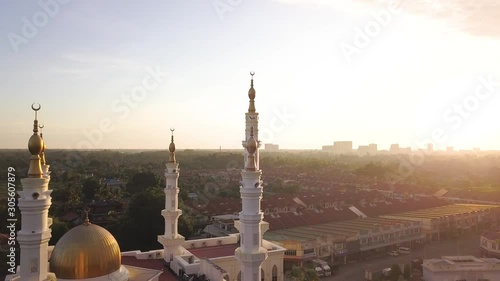 Aerial view of a public mosque during sunrise in Pasir Pekan Kelantan, Malaysia.