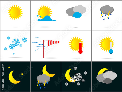 Tableau sur toile Weather forecast icons in flat style. Vector illustration.