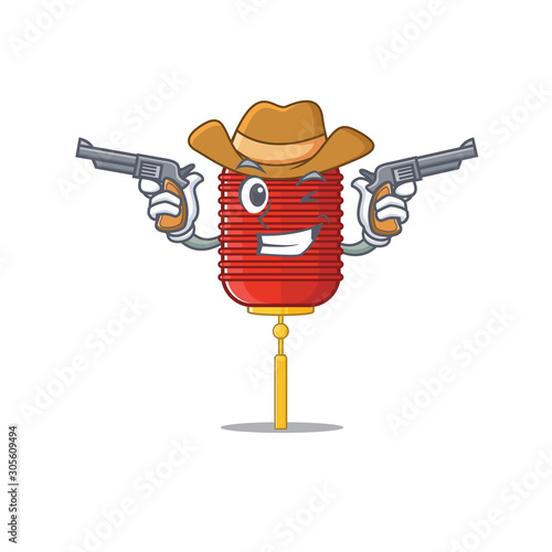 Chinese Lantern cartoon character as a Cowboy holding guns