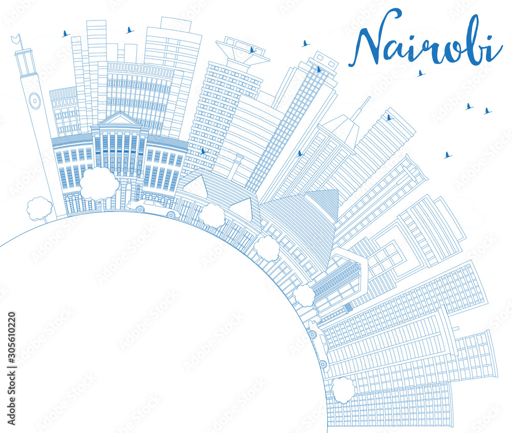 Outline Nairobi Kenya City Skyline with Blue Buildings and Copy Space.