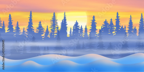Fantasy on the theme of the winter landscape. The sun sets behind the trees. Forest and snow drifts. Vector illustration, EPS10