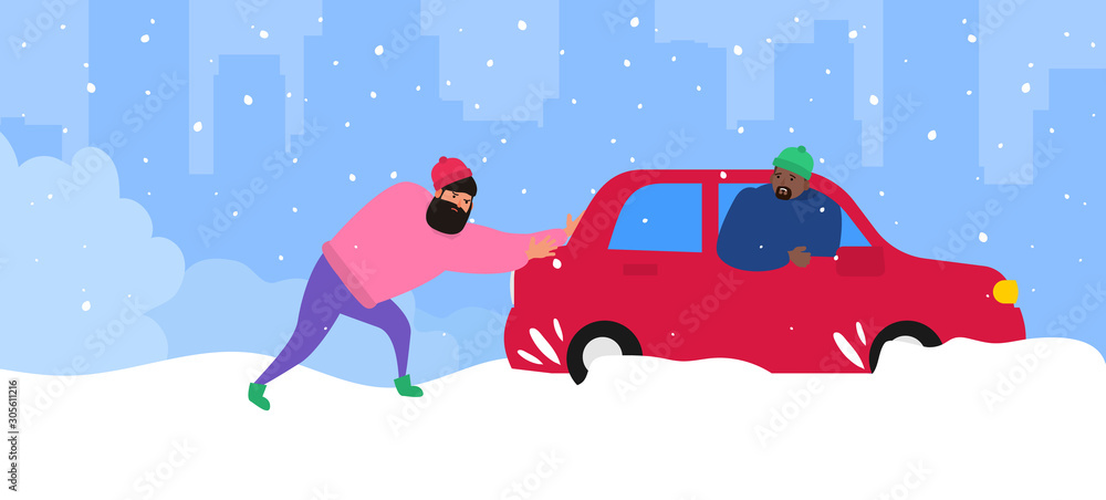 men push a car stuck in snow helping to a driver