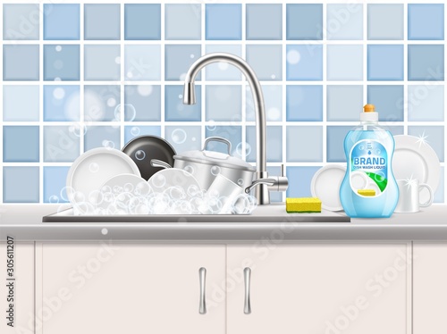 Dishwashing liquid advertising poster, vector realistic illustration