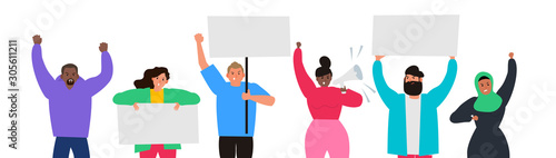 group of protest people holding blank placards and posters and megaphone vector illustration