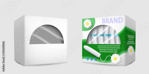 Feminine hygiene tampon packaging box mockup set, vector isolated illustration