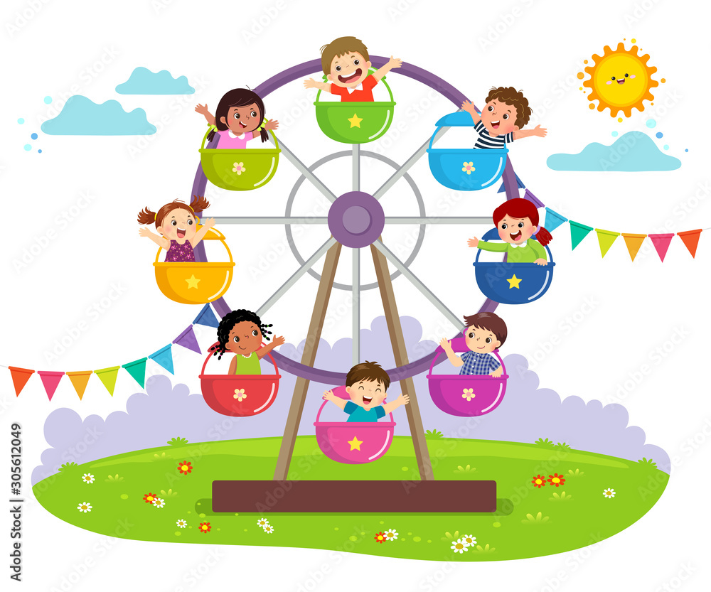 Naklejka premium Vector illustration of kids riding on wheel ferris in an amusement park.