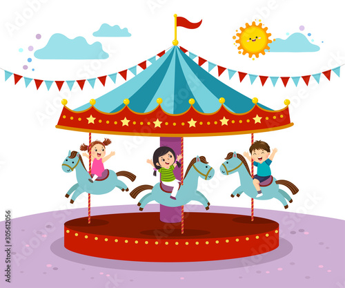 Vector illustration of kids playing on merry go round in an amusement park.