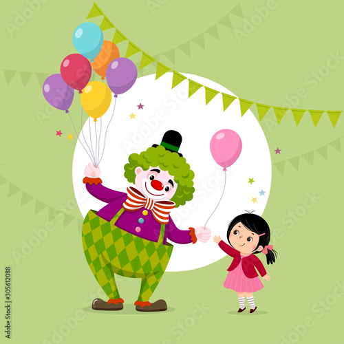 Vector illustration cartoon of a cute clown giving a pink balloon to a girl.